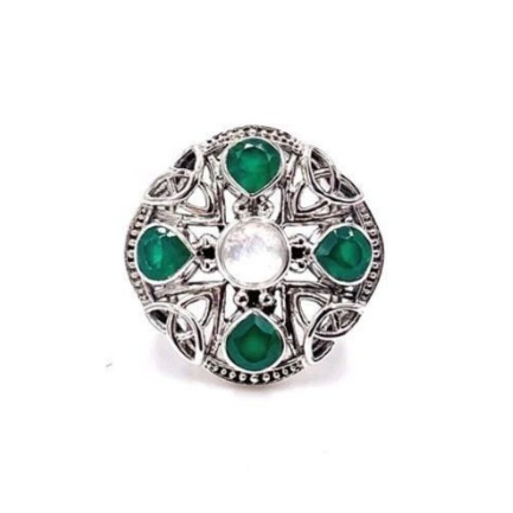 Nicky Butler Size 6.25 Celtic Cross Knot Gem Ring Green Chalcedony Moonstone